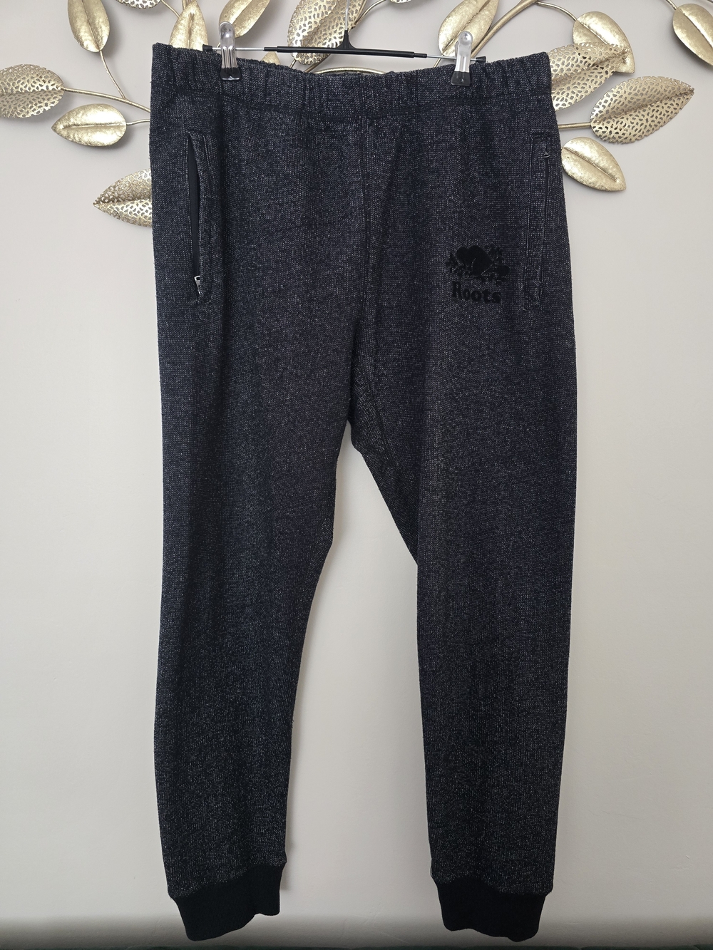 Roots Men's Charcoal Heather Joggers with Black Logo Size L
